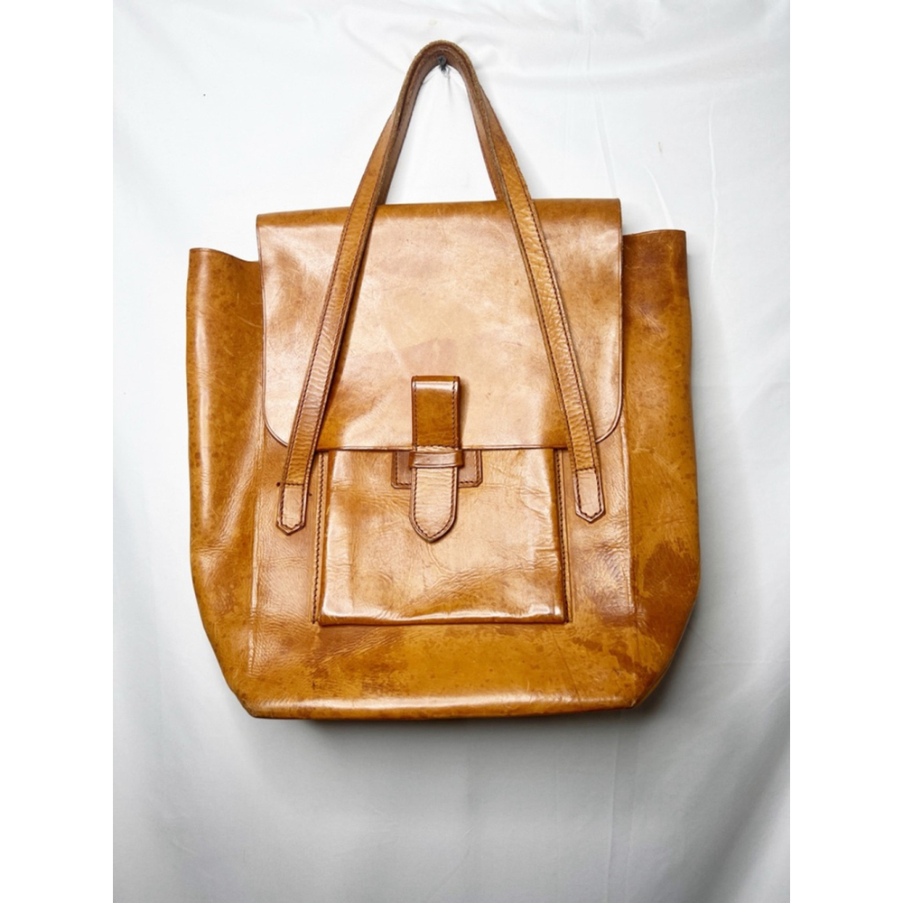 Vintage Danish Women's Hand Made Brown Leather Front Flap Tote Bag One Size